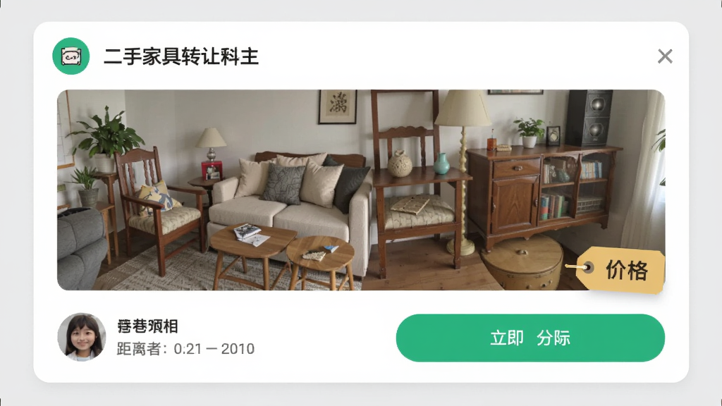 街巷邻里圈功能截图,展示一条二手家具转让帖子,包含物品照片、价格标签、发布者头像与距离信息,界面采用卡片式布局,背景为浅灰色,突出内容与互动按钮,风格简洁明快,画质清晰,无多余元素
