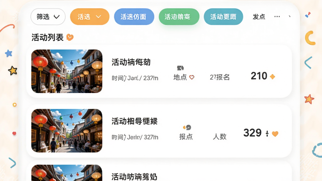 街巷巷口活动页面,展示活动列表,包含活动封面图、时间地点、报名人数,顶部有筛选标签栏,设计风格活泼,色彩明快,卡片圆角,信息层级分明,画质高清,无多余元素