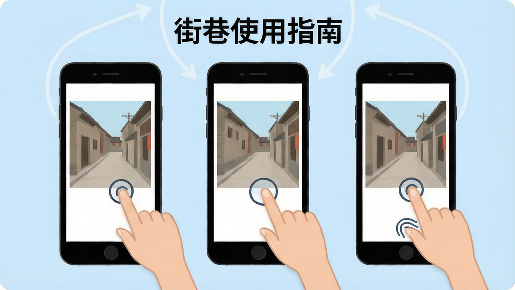 街巷使用教程示意图,展示手机屏幕上的操作步骤,包含点击、滑动等手势,背景为浅蓝色,配文字“街巷使用指南”,风格简洁直观,画质干净,无多余元素