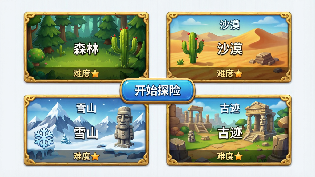 主体:游戏地图选择界面,展示四张不同地貌的缩略图,分别标注“森林”、“沙漠”、“雪山”、“古迹”。布局:四张地图卡片呈田字格排列,中央为“开始探险”按钮。排版:界面简洁,卡片大小一致,边缘有金色装饰。风格:卡通写实混合风格,地图绘制精细,色彩区分明显。细节:每张地图卡片上绘有代表性图标,如树木、仙人掌、雪花、石像,并标注难度星级。画质:高清UI,干净整洁,无多余元素。