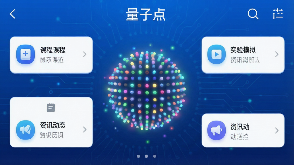 一张展示量子点APP主界面的高清截图,界面设计简洁现代,以蓝色科技色调为主,顶部显示“量子点”应用名称,中央是一个发光的彩色量子点球体模型,周围环绕着课程列表、实验模拟、资讯动态等清晰的功能图标,整体布局直观友好,画质清晰,无多余元素