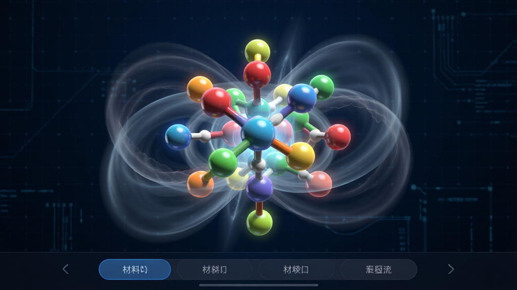 一张量子点APP三维模型功能的预览图,界面中央展示一个放大的彩色发光量子点结构模型,原子以球棍模型显示,周围有半透明的电子云轨迹,背景为深蓝色科技网格,界面底部有材料切换选项条,画面精致,光影效果真实,画质高清,无多余元素