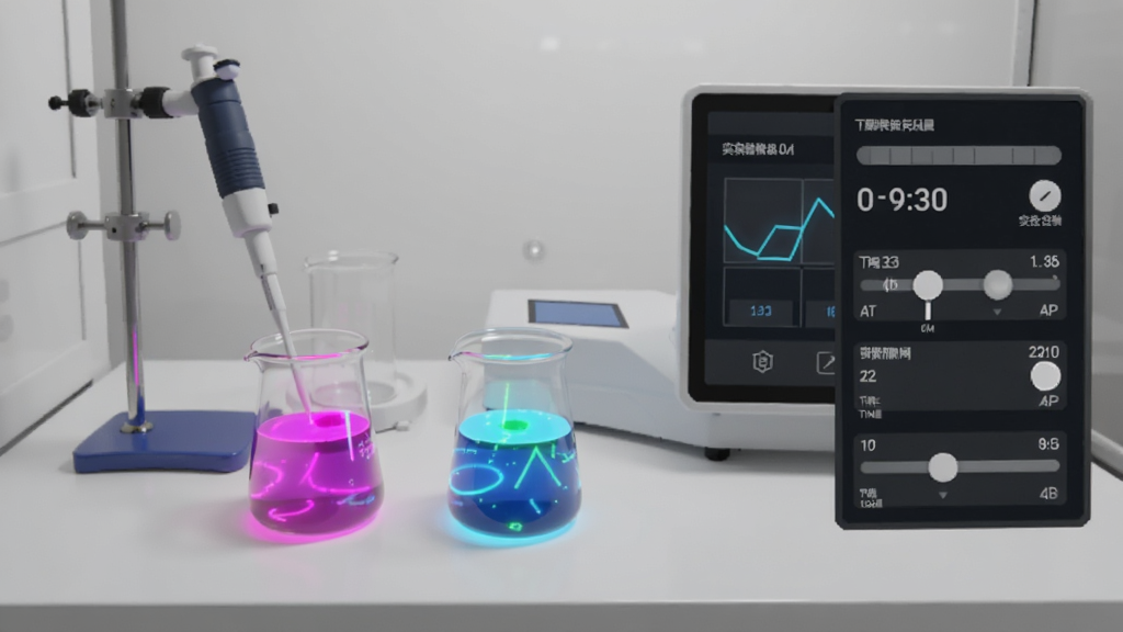 一张量子点APP虚拟实验界面的预览图,画面显示一个模拟实验台,有烧杯、移液枪等仪器,烧杯内溶液发出鲜艳的荧光,屏幕右侧显示温度、时间等参数调节面板,实验台背景为干净的浅灰色,科技感十足,画质干净无杂物