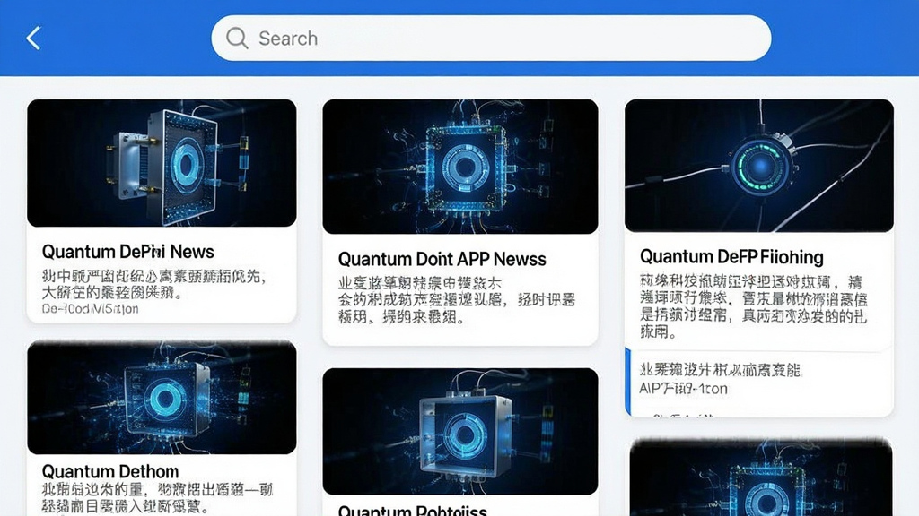 一张量子点APP资讯频道的预览图,界面采用瀑布流布局,展示最新的科技新闻卡片,每张卡片配有新闻配图和标题摘要,顶部有搜索栏,整体风格简约商务,色彩以白色和蓝色为主,排版整齐,画质清晰