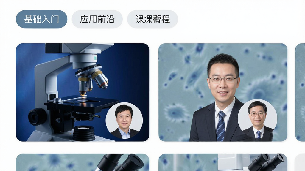 一张量子点APP视频课程列表页的预览图,界面以卡片式排列课程封面,封面图包含量子点显微镜图像和授课专家头像,顶部有分类筛选标签如“基础入门”、“应用前沿”,整体风格明亮清晰,配色素雅,画质干净,无多余元素