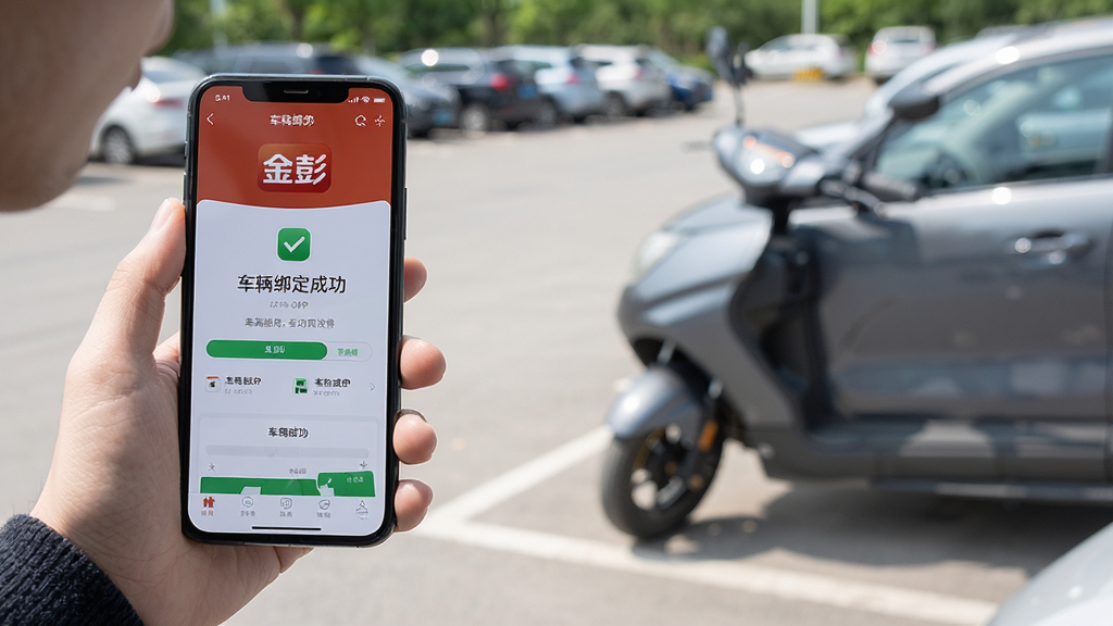 主体:用户手持手机操作金彭APP,场景为户外停车场。布局:人物位于画面左侧,车辆在右侧背景。排版:手机屏幕特写,展示APP主界面。风格:写实生活摄影风格。细节:屏幕显示“金彭”图标与车辆绑定成功页面。画质:高清,干净,无多余元素。