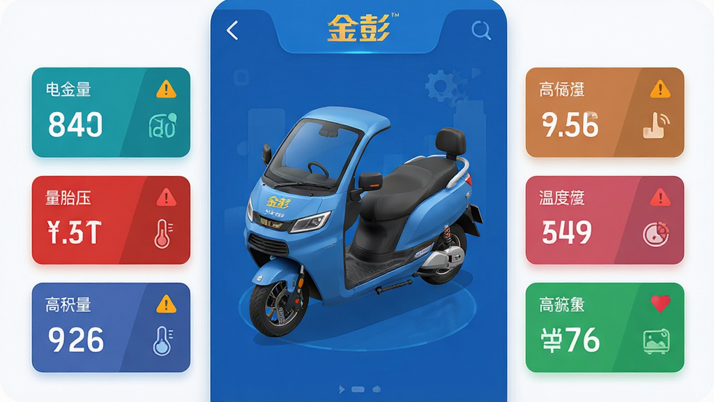 主体:金彭APP车辆状态监测界面截图风格插画。布局:中央为车辆3D模型,四周环绕电量、胎压、温度等数据卡片。排版:数据卡片对称分布,色彩区分高低风险。风格:扁平化与拟物结合,科技蓝主色调。细节:车辆模型标注“金彭”LOGO,电量不足时卡片变红警示。画质:高清,干净,无多余元素。