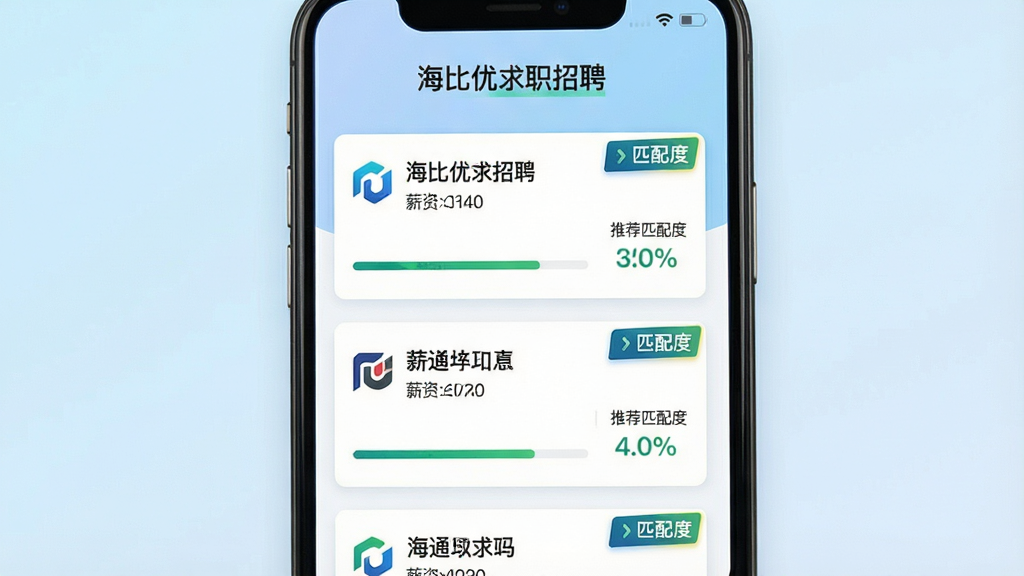 一张展示海比优求职招聘“智能推荐”功能的界面截图,主体为手机应用界面,上方显示“海比优求职招聘”字样,中央以卡片形式展示多个推荐职位,每个卡片包含公司Logo、职位名称、薪资范围和推荐匹配度百分比。布局为上下滑动列表,风格清新简洁,背景为淡蓝色渐变。细节上突出“匹配度”标签的醒目设计,画质干净清晰,无多余元素。