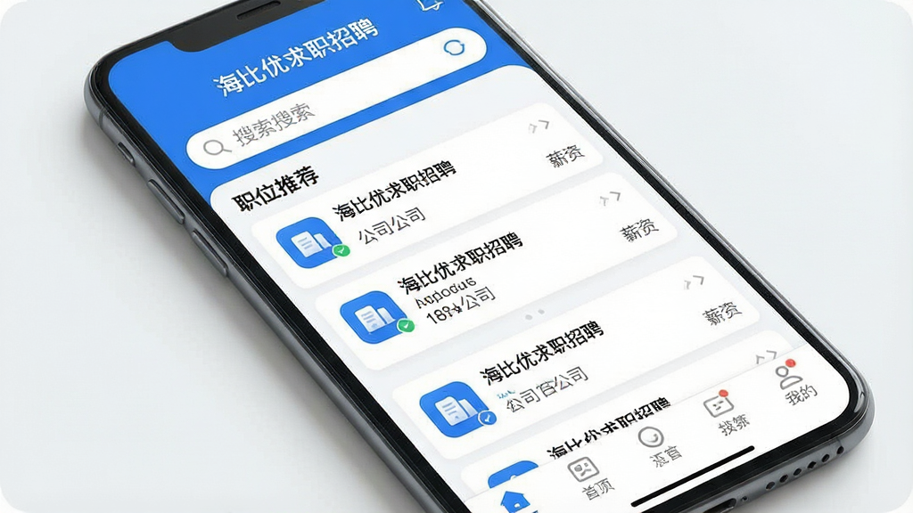 一张展示海比优求职招聘软件核心界面的高清图片,主体为智能手机屏幕,屏幕上清晰显示“海比优求职招聘”应用界面,布局包含顶部搜索栏、中部职位推荐列表(展示职位名称、公司、薪资)、底部导航栏。整体排版干净清爽,以蓝色为主色调,搭配白色背景,风格现代简约。细节上突出界面图标的精致与信息排版的清晰,画质高清,干净无多余元素。
