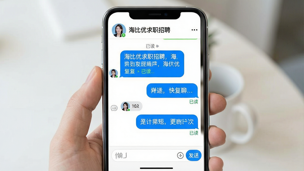 一张展示海比优求职招聘APP内“在线直聊”功能的图片,主体为聊天界面截图,顶部显示HR头像与“海比优求职招聘”名称,中部为气泡式对话消息,包含文字与语音消息,底部为输入框与发送按钮。布局为常规手机聊天界面,风格友好,白色背景,蓝色气泡。细节上突出“已读”状态与快捷回复短语,画质高清,干净无多余元素。