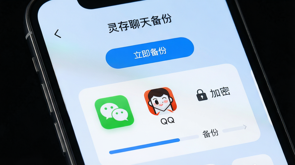 主体为一部智能手机屏幕显示“灵存聊天备份”主界面,界面布局简洁,上方有“立即备份”蓝色按钮,中部显示微信、QQ等社交软件图标及备份进度条,背景为淡蓝色渐变,整体风格清爽科技感,排版居中,细节包括数据加密锁图标,画质高清,干净,无多余元素