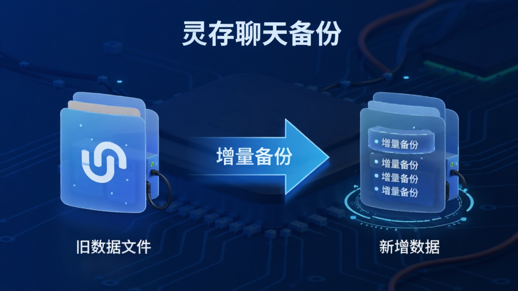 主体为“灵存聊天备份”增量备份示意图,左侧显示旧数据文件,右侧显示新增数据文件,中间有箭头连接,背景为科技蓝,布局左右对比,风格简洁,细节有“增量备份”字样,画质高清,无多余元素