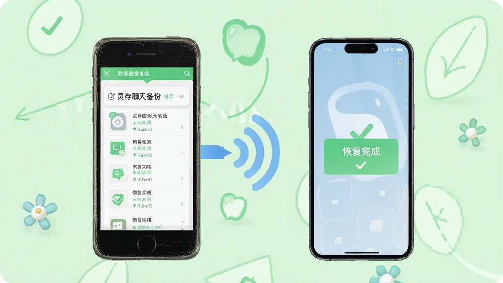 主体为“灵存聊天备份”数据恢复界面,一部旧手机和一部新手机通过无线信号连接,旧手机数据流向新手机,背景为浅绿色,布局左右对称,风格清新,细节有“恢复完成”提示,画质干净,无多余元素