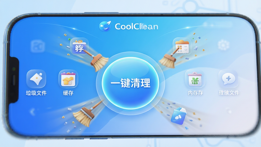 主体为一部智能手机屏幕显示CoolClean主界面,界面中央有一个大大的圆形“一键清理”按钮,周围环绕着垃圾文件、缓存、内存等图标被清扫的动态效果。布局采用居中对称,背景为清新的蓝白渐变科技风格。排版简洁明了,功能图标整齐排列。风格明亮现代,细节上按钮有发光效果,画面干净无多余元素,画质高清。