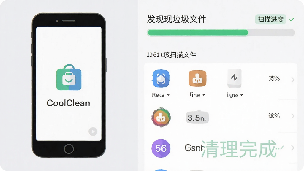 主体为CoolClean正在扫描手机垃圾文件的界面,左侧是手机轮廓,右侧显示扫描进度条和已发现的垃圾文件列表。布局为左右分栏,风格为扁平化设计,背景浅灰色。细节上垃圾文件以彩色小图标表示,扫描完成时显示“清理完成”字样,画质清晰干净无多余元素。