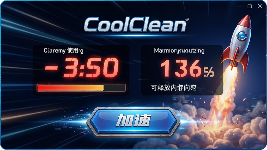 主体为CoolClean的内存加速界面,显示当前内存使用率与可释放内存大小,背景有速度线条和火箭升空图案。布局为全屏展示,风格动感炫酷,细节上内存数字以红色高亮显示,加速按钮有立体质感,画质高清无多余元素。