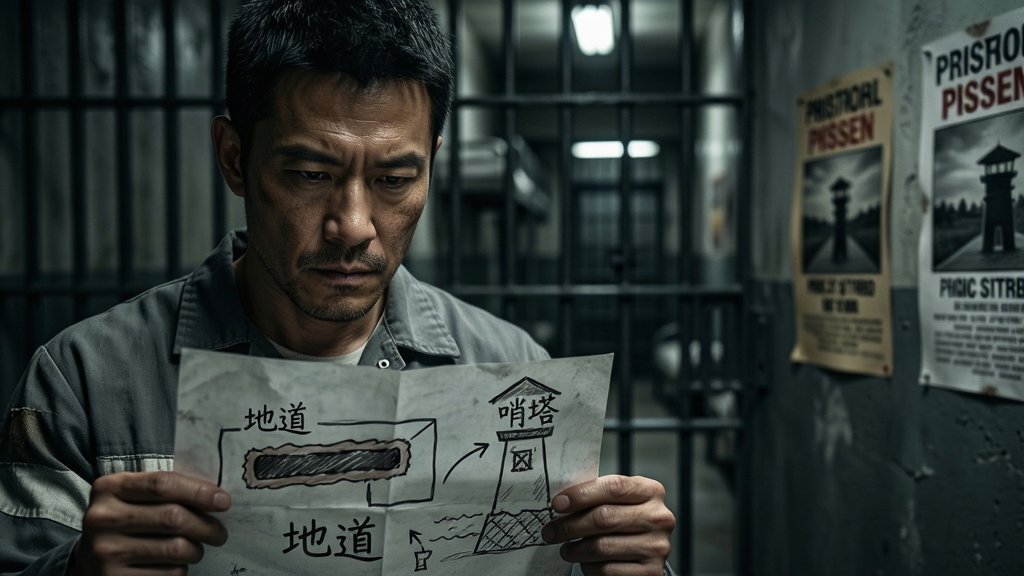 主体:一名穿着囚服的男子在监狱牢房中,低头凝视着手中一张手绘的越狱计划图。布局:画面中央为人物特写,背景是模糊的监狱铁栏杆和昏暗的走廊。排版:人物居左,右侧留出空间展示墙上的监狱海报。风格:写实电影感,光影对比强烈。细节:人物表情专注而坚定,手中图纸上清晰可见“地道”和“哨塔”的标注。画质:4K高清,细节丰富,画面干净无多余元素。