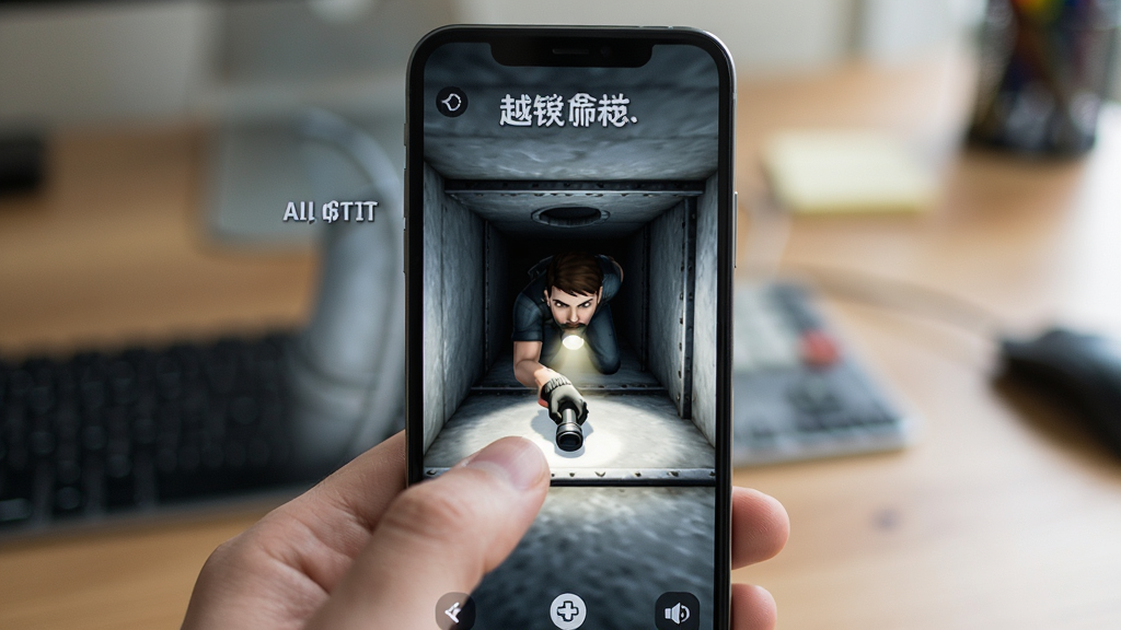 主体:手机屏幕显示《越狱模拟器》游戏画面,一只手正在点击屏幕操作。布局:手机占据画面中心,背景为模糊的桌面。排版:屏幕内展示角色在通风管道中爬行的场景。风格:写实生活照风格。细节:屏幕画面清晰,可见角色的手电筒光线。画质:高清摄影,对焦准确,画面干净。