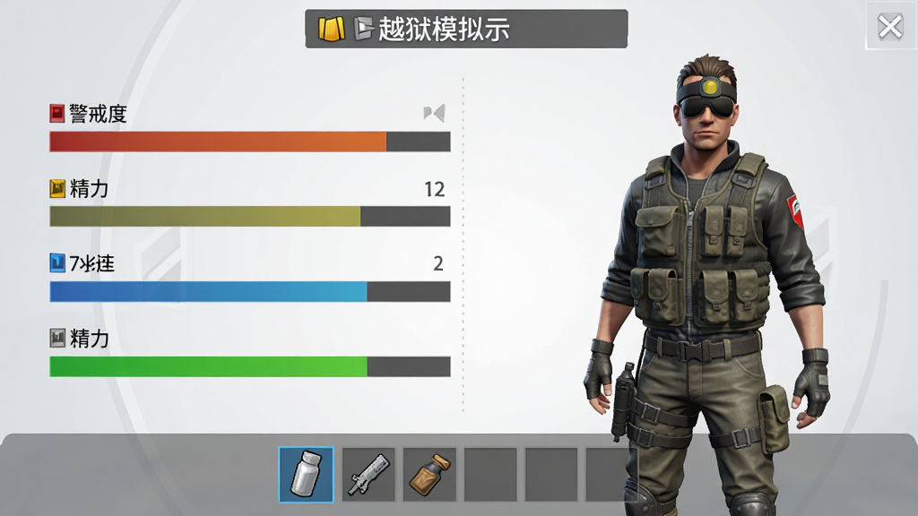 主体:游戏《越狱模拟器》的角色界面,展示玩家角色的各项属性。布局:属性条在左侧垂直排列,右侧是角色3D模型。排版:顶部是任务提示栏,底部是物品快捷栏。风格:简洁的现代游戏UI设计。细节:属性条用不同颜色区分,红色代表“警戒度”,绿色代表“精力”。画质:高清界面截图,元素清晰。