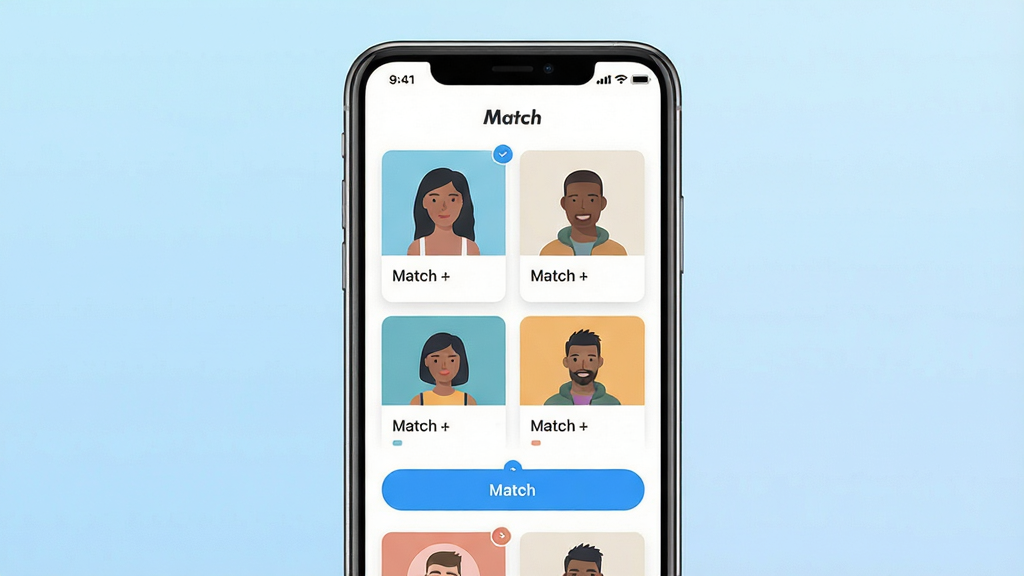 主体:Match 手机应用界面展示,屏幕上有多个匹配卡片和人物头像。布局:居中构图,手机屏幕正面展示,背景为浅蓝色渐变。排版:界面元素整齐排列,卡片式设计。风格:现代简约,扁平化设计。细节:屏幕中显示“Match”字样,匹配按钮高亮。画质:高清,干净,无多余元素。
