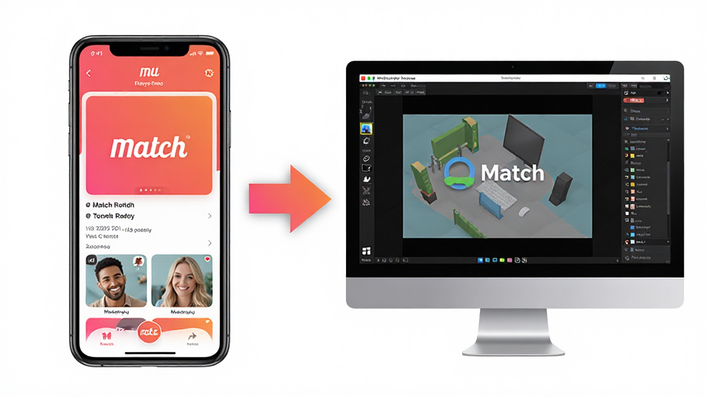 主体:Match 应用在手机和电脑上使用的对比示意图。布局:左右构图,左边手机,右边电脑。排版:两者并列,中间有箭头连接。风格:写实风格,色彩明亮。细节:手机屏幕上有“Match”界面,电脑屏幕显示模拟器。画质:高清,干净,无多余元素。
