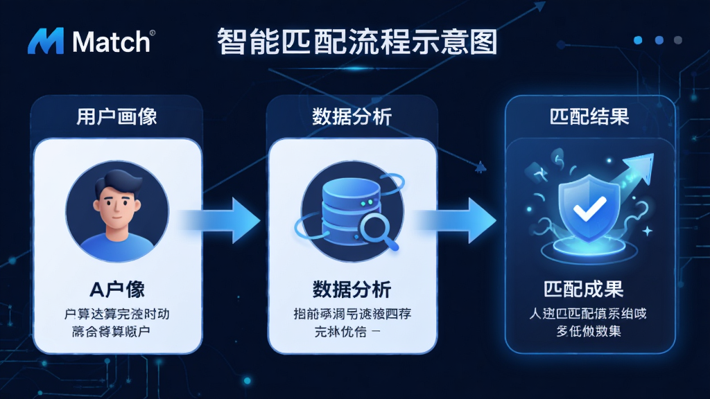 主体:Match 应用内的智能匹配流程示意图,展示算法如何筛选和推荐。布局:流程图形式,从左到右依次展示用户画像、数据分析和匹配结果。排版:清晰的步骤说明,图标搭配文字。风格:科技感,蓝色调。细节:标注“Match”品牌名,匹配成功时有动画效果。画质:高清,干净,无多余元素。