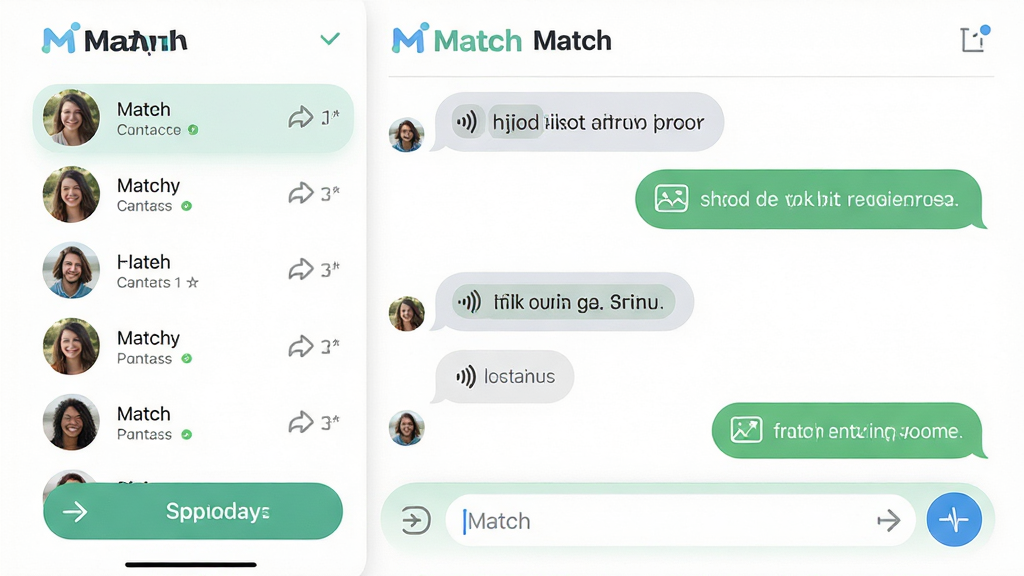 主体:Match 应用中的聊天界面,显示对话气泡和功能按钮。布局:左右分栏,左侧为联系人列表,右侧为聊天窗口。排版:消息排列有序,输入框在底部。风格:清新自然,圆角设计。细节:界面顶部有“Match”标识,消息支持语音和图片。画质:高清,干净,无多余元素。