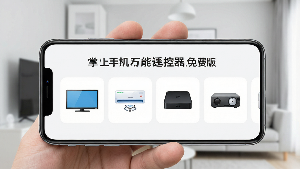 一张智能手机横屏显示掌上手机万能遥控器免费版主界面的高清产品预览图,界面风格清新简洁,顶部显示“掌上手机万能遥控器免费版”字样,下方整齐排列电视、空调、机顶盒、投影仪等家电图标,背景为浅灰色家居环境,手机被一只手握持,画面明亮干净,画质细腻,无多余元素