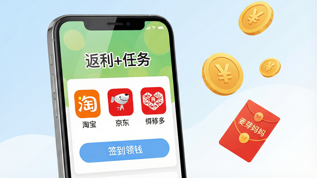 主体:一部亮屏的智能手机,屏幕中央显示“麦芽妈妈”APP主界面,界面顶部有“返利+任务”字样,下方排列着淘宝、京东、拼多多图标与“签到领钱”按钮。布局:手机居中偏左,右侧悬浮金色硬币与红包元素,背景为柔和的浅蓝到白色渐变。排版:手机屏幕内容清晰可读,图标排列整齐,整体构图平衡。风格:扁平化插画风格,色彩明快,突出赚钱与购物主题。细节:手机屏幕反光自然,硬币上有“¥”符号,红包上写“麦芽妈妈”,画面干净无多余元素。画质:8K超清,细节丰富,色彩饱满,干净无多余元素。