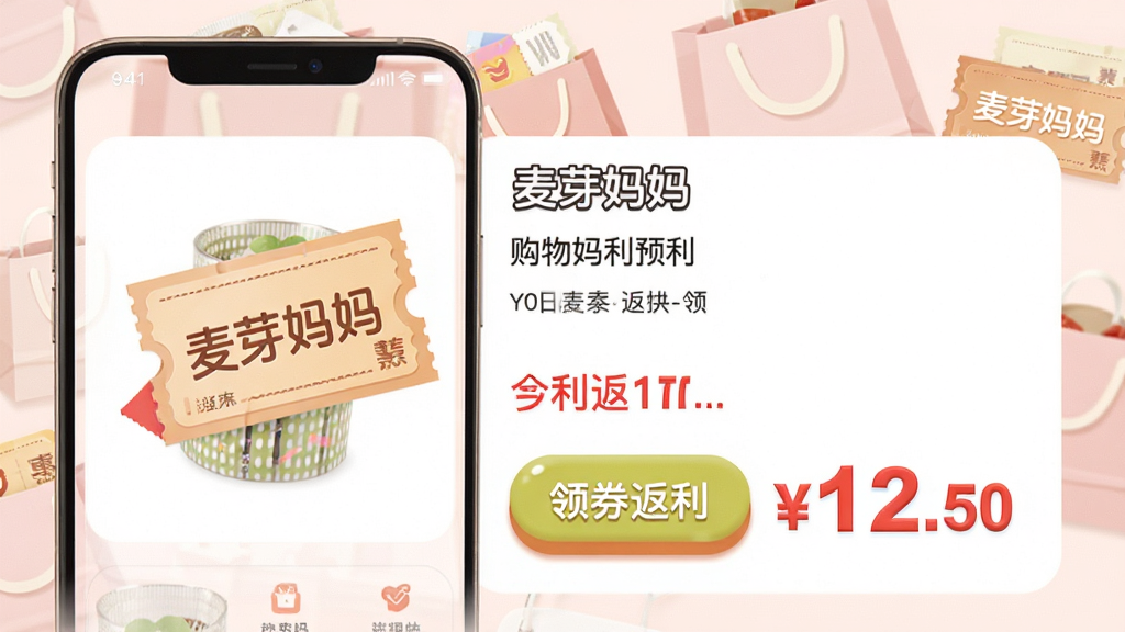 主体:“麦芽妈妈”APP的购物返利界面预览图,屏幕显示一件商品详情,价格下方有“领券返利”按钮,旁边标注“返利12.50”。布局:手机竖屏展示,左侧为商品图片,右侧为文字信息,背景为淡粉色购物袋与优惠券图案。排版:信息层级分明,返利金额用红色加大字体突出。风格:写实与扁平结合,色调温暖明亮。细节:优惠券上写“麦芽妈妈”,商品图片清晰,按钮有立体感。画质:高清渲染,细节精致,干净无多余元素。