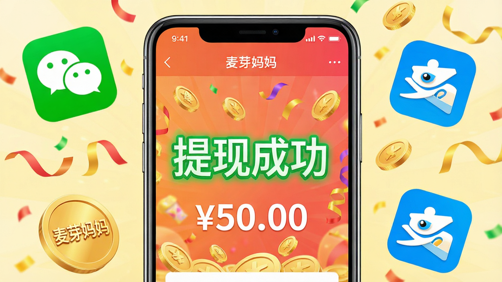 主体:一部手机显示“麦芽妈妈”的提现成功页面,屏幕中央有“提现成功”绿色大字,下面显示到账金额“50.00”,背景为庆祝彩带和金币。布局:手机居中,周围有微信和支付宝的图标,表示提现渠道。排版:提现金额醒目,成功提示颜色鲜艳。风格:喜庆的UI设计,色彩明亮。细节:金币上写“麦芽妈妈”,画面干净无多余元素。画质:超清渲染,细节丰富,干净无多余元素。