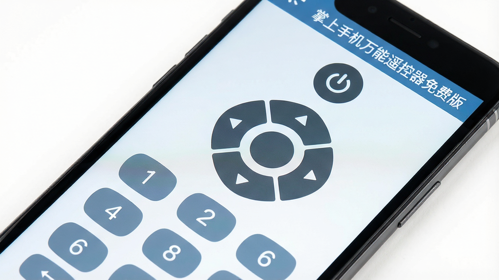主体:手机屏幕上的遥控器界面特写;布局:界面简洁,上方是电源键,中间是方向键,下方是数字键;排版:各功能区块划分明确,色彩舒适;风格:扁平化UI设计风格;细节:屏幕右上角有“掌上手机万能遥控器免费版”字样,界面整体给人清爽易用的感觉;画质:高清,干净,无多余元素