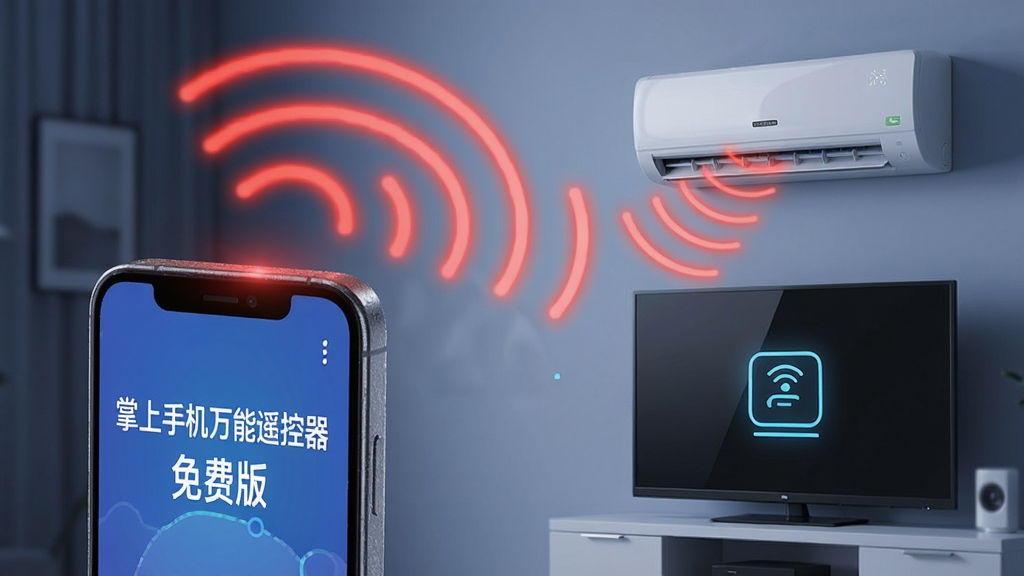 主体:手机顶部发射红外线信号;布局:手机在左侧,右侧是空调和电视接收信号;排版:信号以波浪线形式从手机发出;风格:3D渲染风格,科技感十足;细节:手机屏幕显示“掌上手机万能遥控器免费版”界面,空调和电视屏幕上出现响应图标;画质:高清,干净,无多余元素