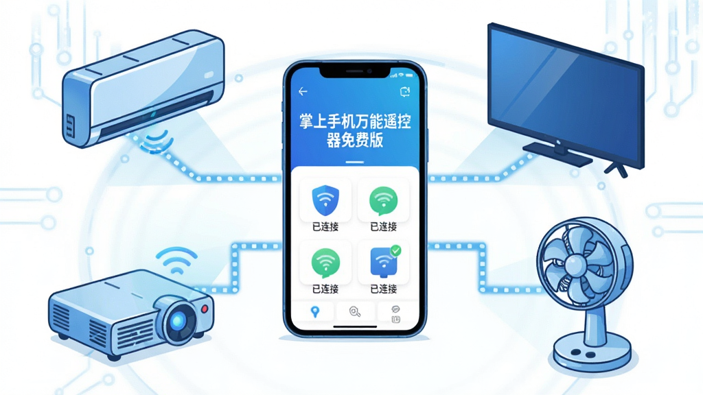 主体:手机连接控制多个家电的场景;布局:手机在画面中央,四周是空调、电视、投影仪、风扇;排版:设备呈圆形围绕手机排列,有控制线连接;风格:科技感插画,蓝色调为主;细节:手机屏幕显示“掌上手机万能遥控器免费版”控制界面,设备图标上显示“已连接”状态;画质:高清,干净,无多余元素