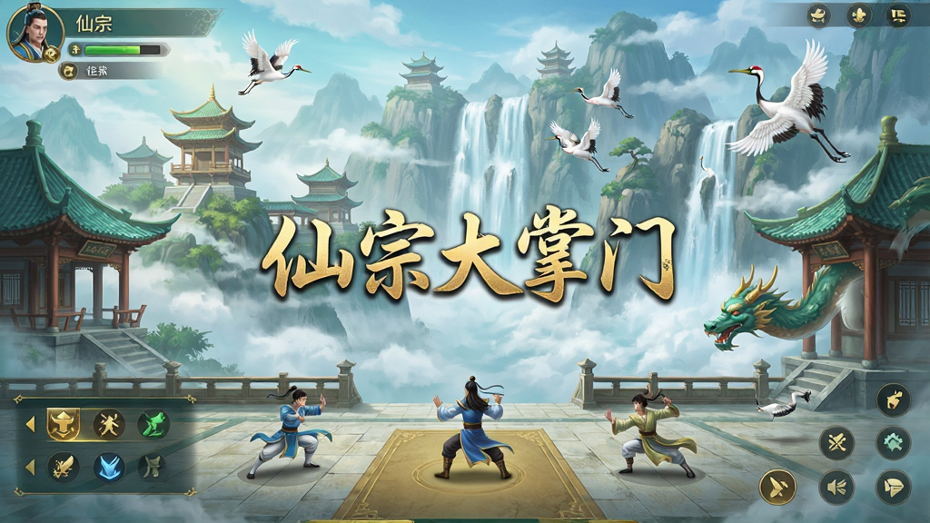 游戏主界面全景截图,展示仙宗大掌门的仙山福地全貌,云雾缭绕的亭台楼阁,远处有飞流瀑布和仙鹤,近处有弟子在广场练功,界面UI布局清晰,角色立绘精细,整体色调为青绿色与金色,体现东方仙侠的唯美与大气,画质高清,干净无多余元素,图片中央带有艺术字“仙宗大掌门”