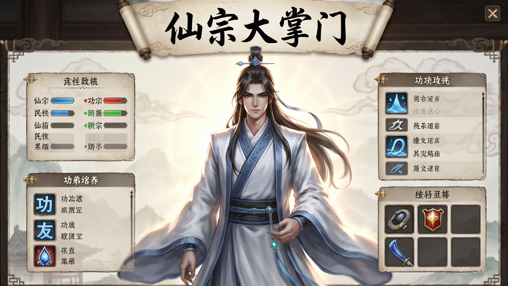 仙宗大掌门弟子培养界面特写,画面中央是一位衣袂飘飘的男性角色,周围有属性面板、功法列表和装备栏,界面设计古风古韵,角色立绘精致,光影效果柔和,突显人物轮廓,图片上方有“仙宗大掌门”书法字样,画质精致,干净无多余元素