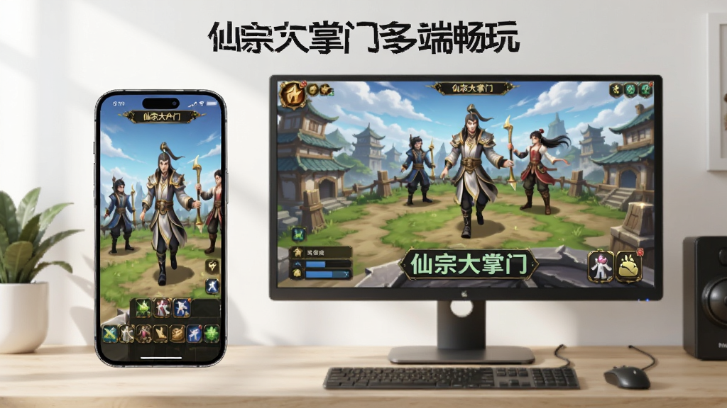 一张手机和电脑并排显示的图片,手机屏幕上运行着仙宗大掌门游戏,电脑显示器上也显示着同样的游戏画面,周围环境整洁,强调多设备适配性,配文“仙宗大掌门多端畅玩”,画质清晰,干净无多余元素