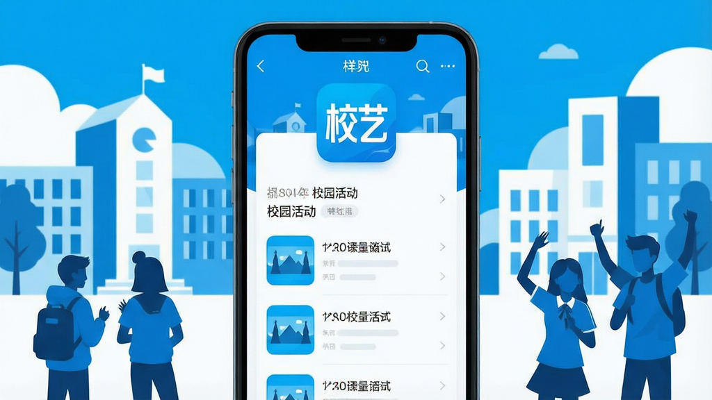 一幅扁平化风格的手机应用界面预览图,主色调为明快的蓝色与白色,界面中央展示“校艺”应用LOGO与“校园活动”列表,背景为抽象化的校园建筑与青春人群剪影,布局清晰,排版规整,现代感强,画质干净,无多余元素
