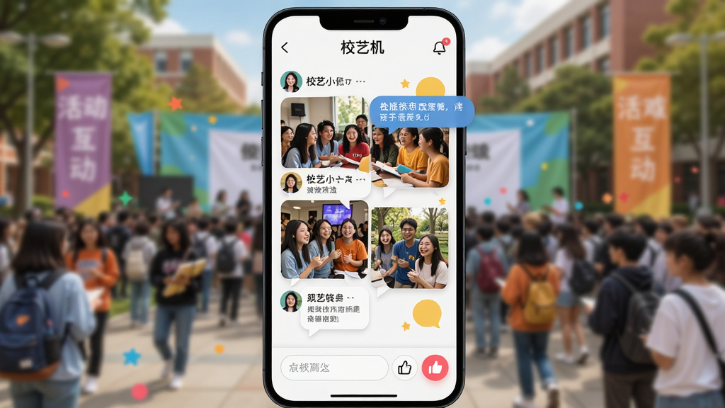 显示“校艺”应用内的活动互动社区界面,屏幕上分布着用户发布的现场照片与评论气泡,下方有输入框与点赞按钮,背景为模糊处理的校园活动场景,风格活泼,色彩鲜明,排版错落有致,画质清晰,无多余元素