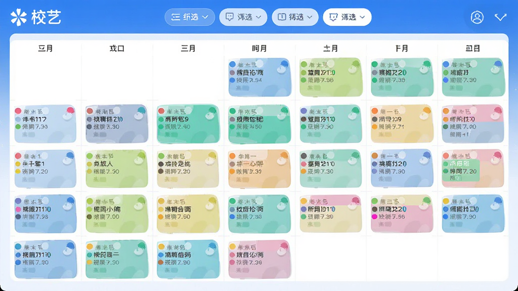 展示“校艺”应用内的全景活动日历界面,采用月视图网格布局,不同活动类型以彩色圆点标记,界面顶部有筛选标签栏,整体UI设计简洁明快,蓝色主色调,扁平化风格,细节丰富,画面干净,无多余元素