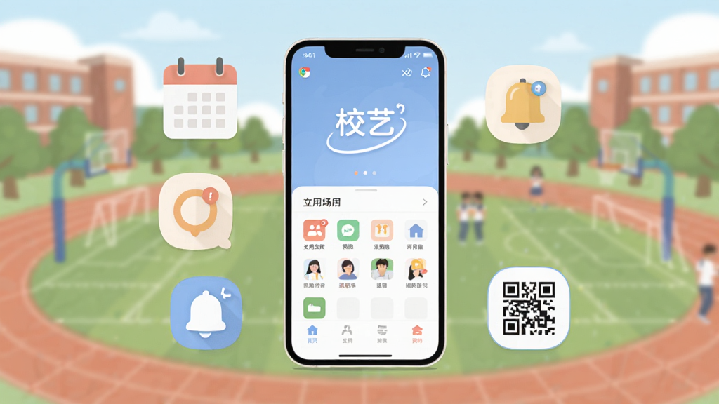 一张关于“校艺”应用使用场景的示意图,图片主体为一部智能手机,屏幕中显示应用主界面,手机周围环绕着日历、通知铃铛、二维码等元素图标,背景为虚化的校园操场,构图平衡,扁平化插画风格,色彩柔和,画质干净,无多余元素