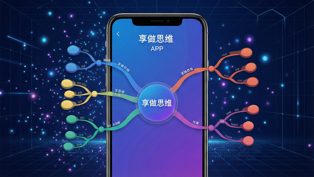 一张极具科技感与创意氛围的宣传海报,主体是智能手机屏幕中显示“享做思维”APP的思维导图界面,界面以蓝紫渐变为主色调,中央核心节点写着“享做思维”,四周延伸出多个彩色分支节点,整体布局饱满,排版大气,背景是光效粒子与线条网格,风格现代简约,细节丰富,画质高清,干净无多余杂物,突出软件名称与思维导图核心功能。