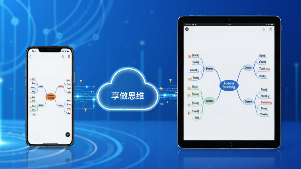 演示“享做思维”云同步功能的示意图,画面左侧是一部手机,右侧是一台平板电脑,两者之间通过一条发光的云朵状数据线连接,屏幕上都显示同一张思维导图,背景是渐变蓝色科技感场景,构图清晰,风格简洁,突出同步概念,细节丰富,画质高。