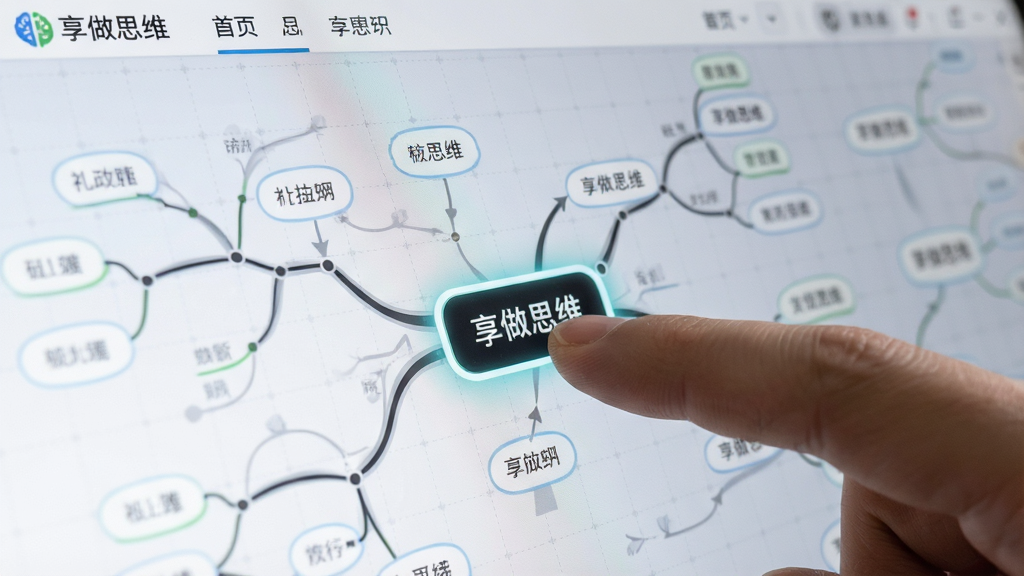 展示“享做思维”软件操作界面的特写,手指正在屏幕上拖拽一个思维导图节点,节点带有发光边框,周围有多个可拖动的分支线条,背景是柔和的浅灰色网格画布,界面干净简洁,顶部显示“享做思维”的Logo和菜单栏,整体风格清爽,细节清晰,画质高,无多余元素。
