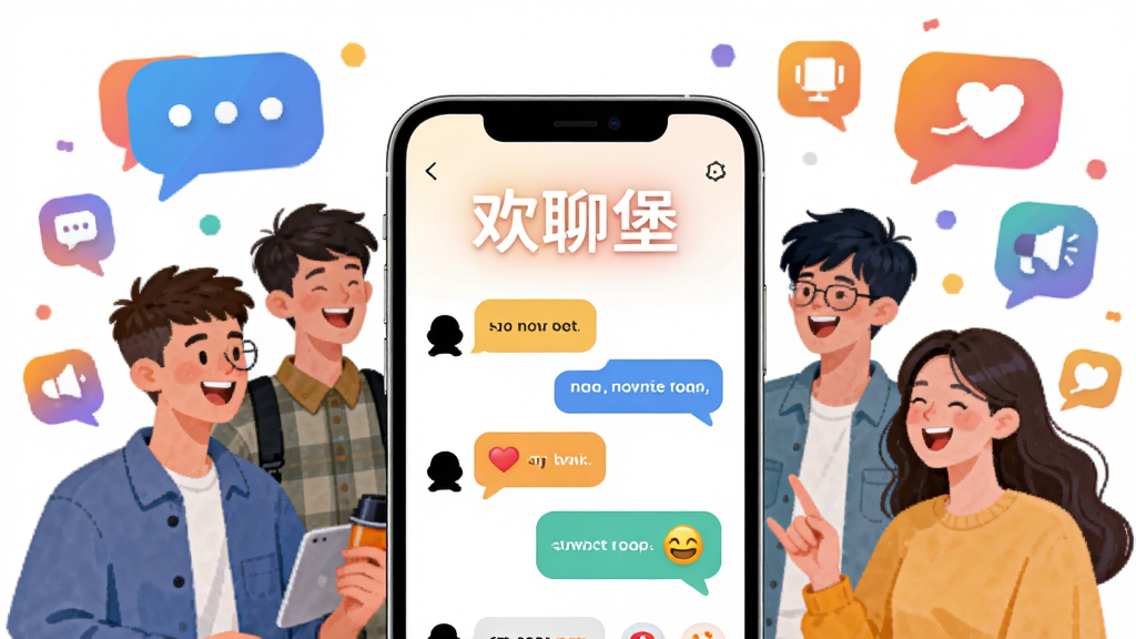 主体:欢聊堡APP的官方宣传主视觉图,画面中央是欢快聊天的年轻人群像。布局:前景为手机界面展示,背景为多彩气泡和互动图标。排版:手机界面居中,周围环绕功能图标。风格:现代扁平化,色彩明亮活泼。细节:手机屏幕上显示“欢聊堡”字样,聊天气泡中有表情符号。画质:高清,干净,无多余元素。