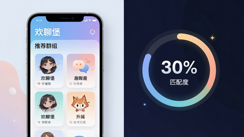 主体:欢聊堡APP的兴趣匹配功能界面展示。布局:左手机显示推荐群组列表,右侧显示匹配度百分比。排版:界面简洁,卡片式布局。风格:科技感与柔和色彩结合。细节:手机屏幕上显示“欢聊堡”和“推荐群组”,匹配度标签清晰。画质:高清,干净,无多余元素。
