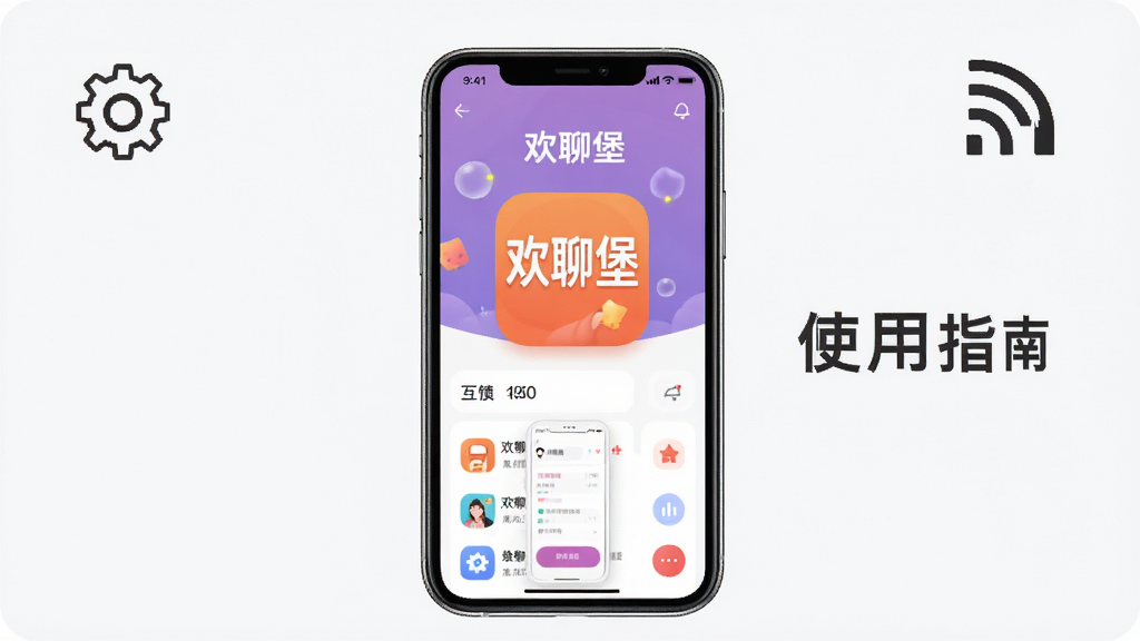 主体:欢聊堡APP在手机上的安装与使用场景。布局:手机屏幕显示应用主界面,周围有设置图标和网络信号图标。排版:居中构图,简洁明了。风格:实用主义,干净背景。细节:手机屏幕上显示“欢聊堡”主界面,并标注“使用指南”。画质:高清,干净,无多余元素。