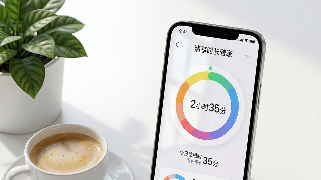 主体:一部智能手机屏幕显示“清享时长管家”APP主界面,界面包含彩色环形图表与今日使用时长数字“2小时35分”,手机旁摆放着一杯咖啡与一盆绿植。布局:手机位于画面中央偏右,左侧留白放置咖啡与绿植,形成平衡构图。排版:界面图表清晰,数字醒目,APP名称位于手机屏幕顶部状态栏。风格:现代简约,明亮通透,写实风格。细节:屏幕反射柔和光线,绿植叶片纹理清晰,整体画面干净无杂物。画质:8K超高清,细节丰富,色彩自然,干净,无多余元素。