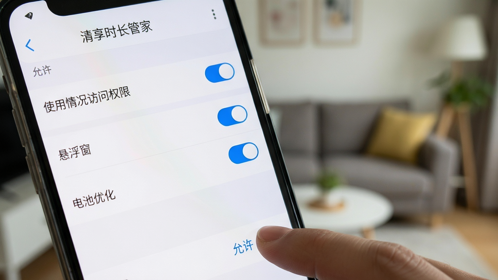 主体:手机设置界面展示“清享时长管家”的权限管理页面,页面中包含“使用情况访问权限”、“悬浮窗”、“电池优化”等开关选项,均处于开启状态。布局:手机屏幕特写,背景为模糊的客厅环境。排版:设置选项以列表形式排列,开关呈蓝色高亮。风格:直观清晰,教学演示风格。细节:手指正点击屏幕上的“允许”按钮。画质:高清晰度,焦点锐利,背景虚化得当,干净,无多余元素。