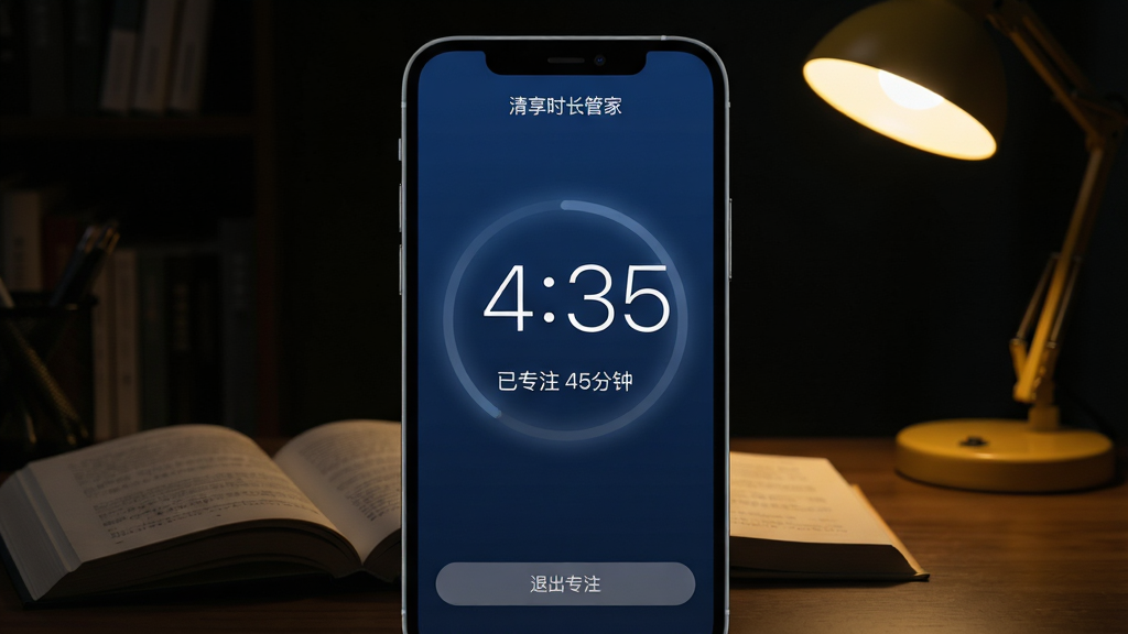 主体:手机屏幕显示“清享时长管家”的专注模式开启界面,深蓝色背景中央有一个白色大号数字时钟,下方显示“已专注 45分钟”。布局:手机竖屏居中,背景为暗色书房环境,书桌上有翻开的书本和台灯。排版:时钟数字采用纤细字体,视觉焦点集中,屏幕底部有“退出专注”的灰色小字按钮。风格:静谧、极简、沉浸感强。细节:时钟边缘有微弱的发光效果,台灯灯光暖黄,与屏幕冷色形成对比。画质:全高清,噪点控制优秀,氛围感强,干净,无多余元素。